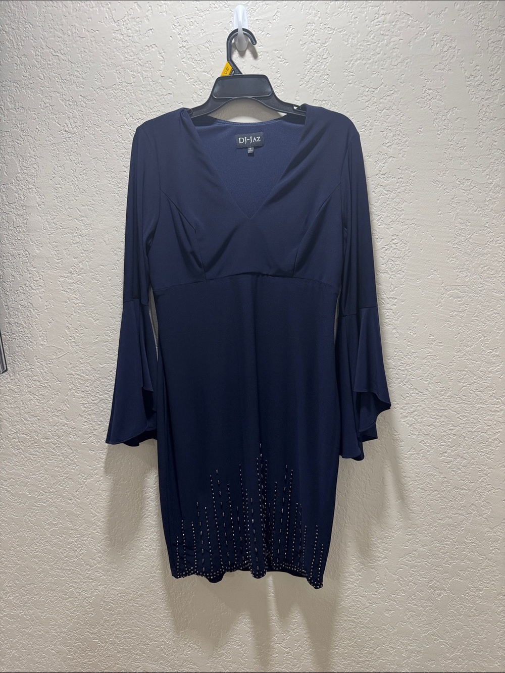 Navy V-Neck Long Sleeve Dress with Bell Sleeves